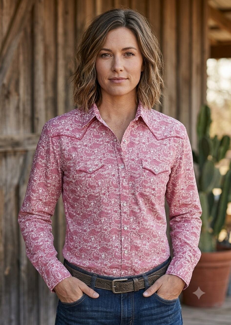 Rough Stock Panhandle Western Shirt Womens XL Red Paisley Floral Pearl Snap